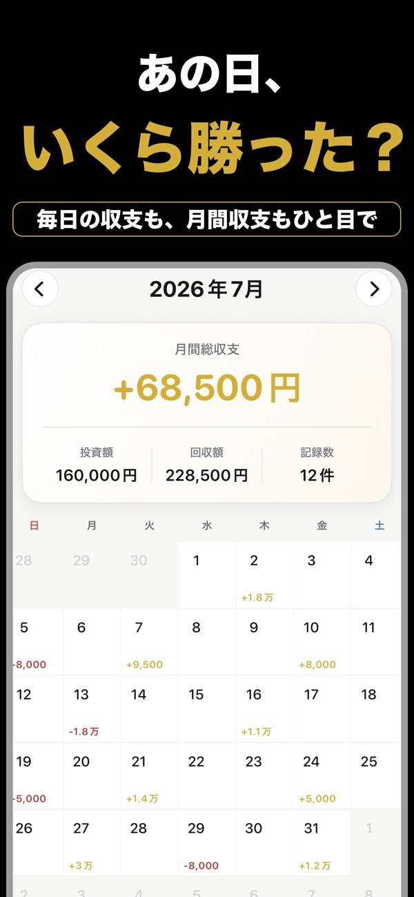 GambleLog：日々と月間の収支をカレンダーで確認